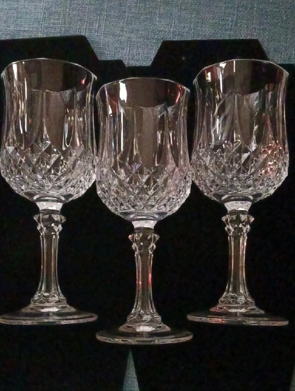 Set Of 3-.Crystal De Arque- Lead Crystal Cut Wine Goblets